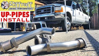 2001 F350 73  RiffRaff UpPipes Install  Stock up pipes leaking and falling apart JUNK SP [upl. by Atiras3]