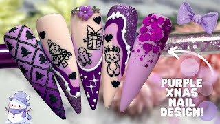 PURPLE COLOUR INSPIRED NAIL ART DESIGN INCLUDING REINDEER AND CHRISTMAS TREE GLITTER NAIL [upl. by Nyrtak600]